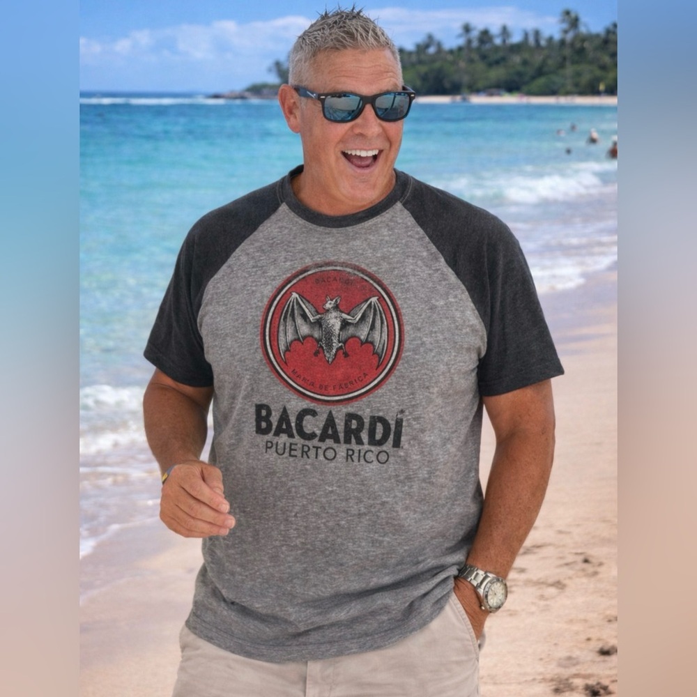 BACARDI RUM PUERTO RICO Tee Shirt Size Large Raglan Style Grey Distressed Look